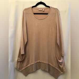 LOGO Lori Goldstein Pink 3/4 Sleeve Lace Hem Front Pockets Size Medium